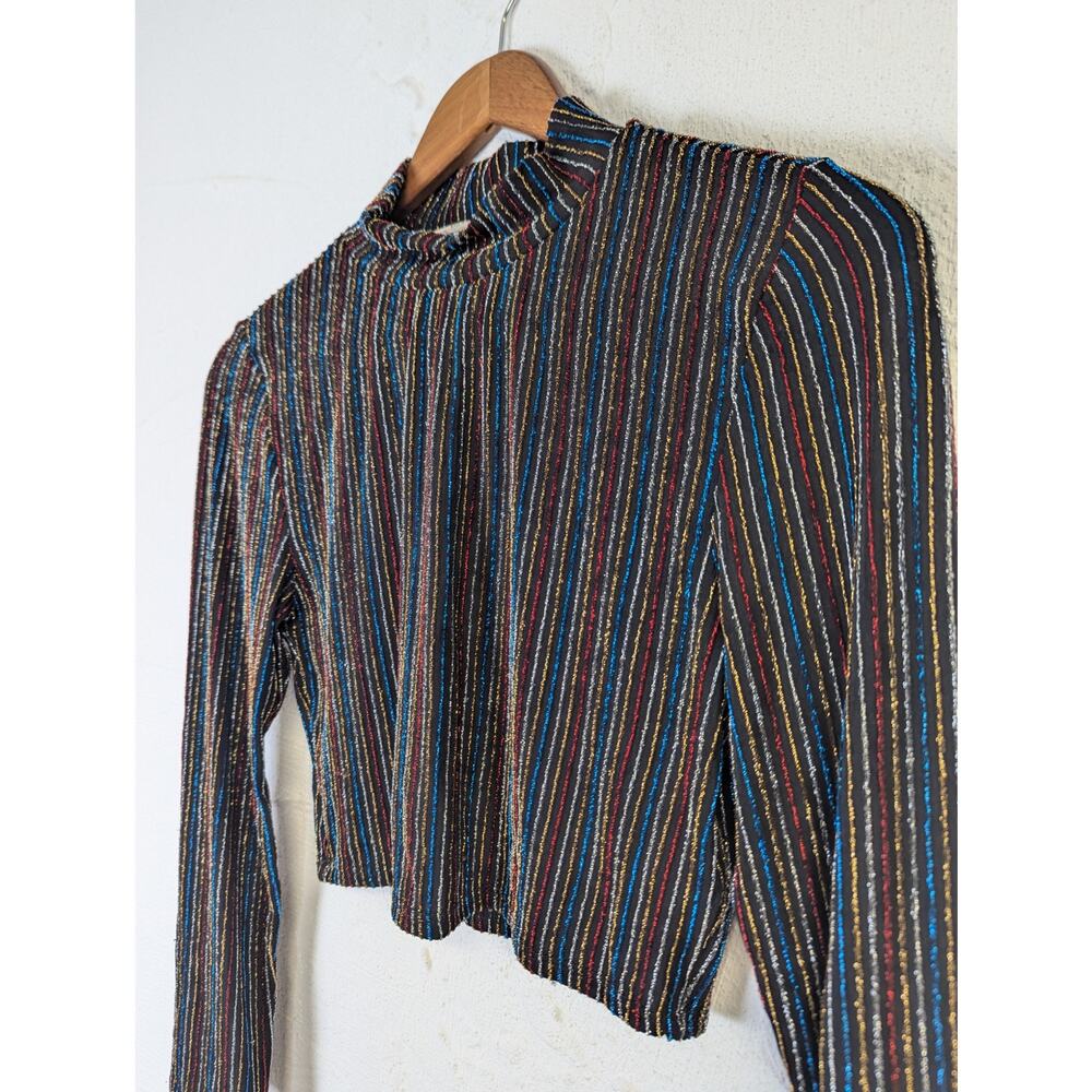 Cherry Mellow Cropped Turtleneck Black Shiny Stripes Red Blue Metallic Medium